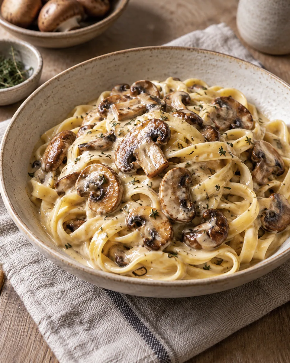 Tagliatelle mit gebräunten Champignons in cremiger Rahmsauce