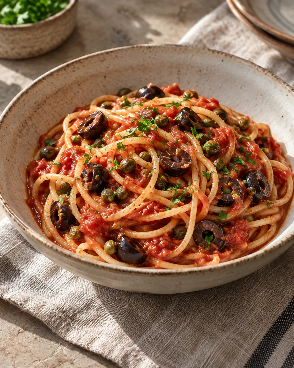 Spaghetti mit Tomatensauce, schwarzen Oliven, Kapern und Petersilie