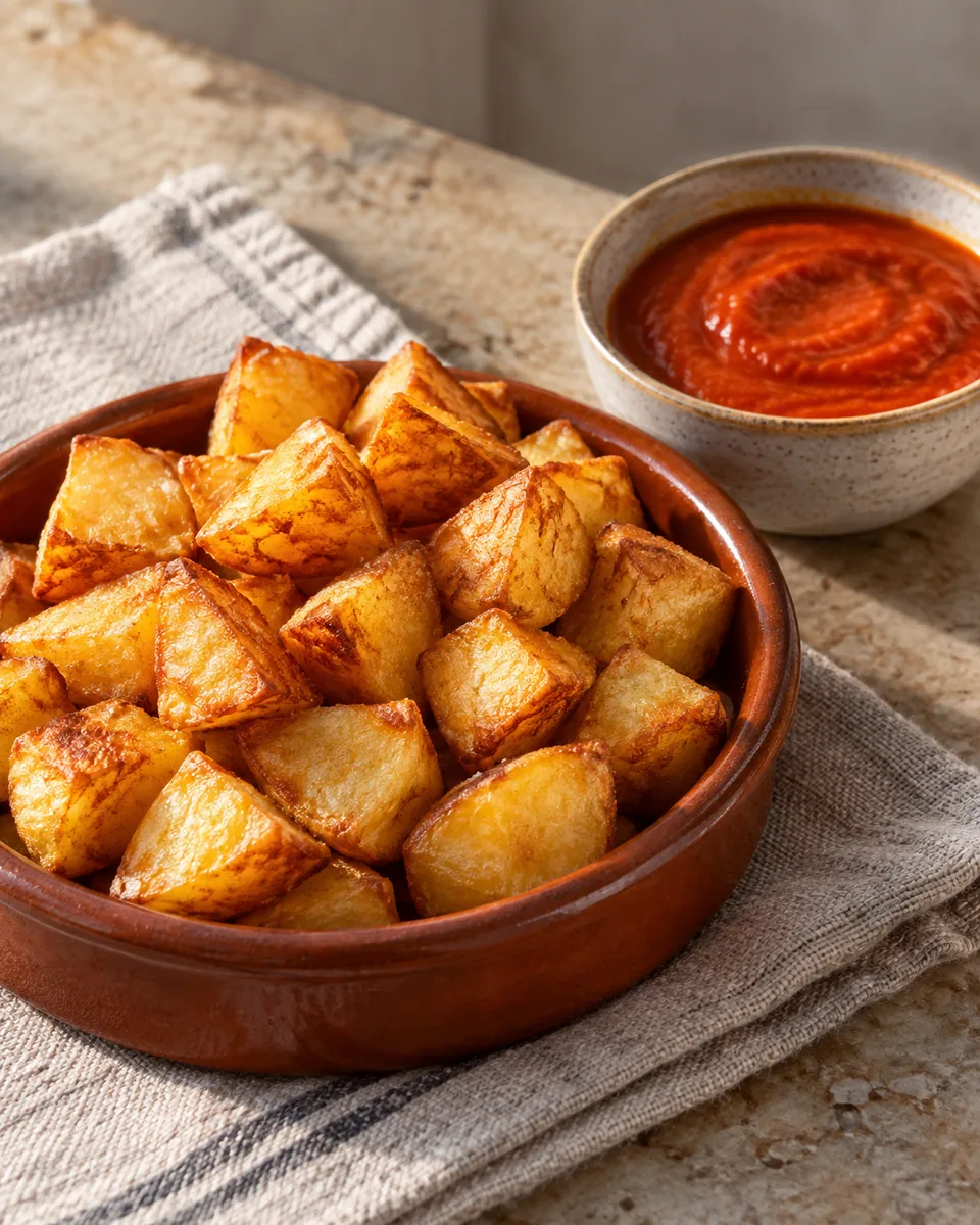 Knusprig gebratene Kartoffelwürfel mit roter Bravas-Sauce