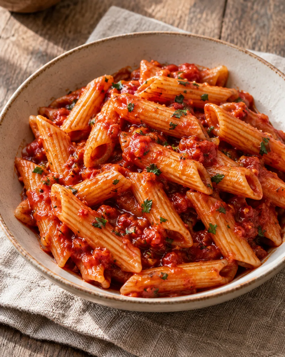 Penne in roter Chili-Tomatensauce mit fein gehackter Petersilie