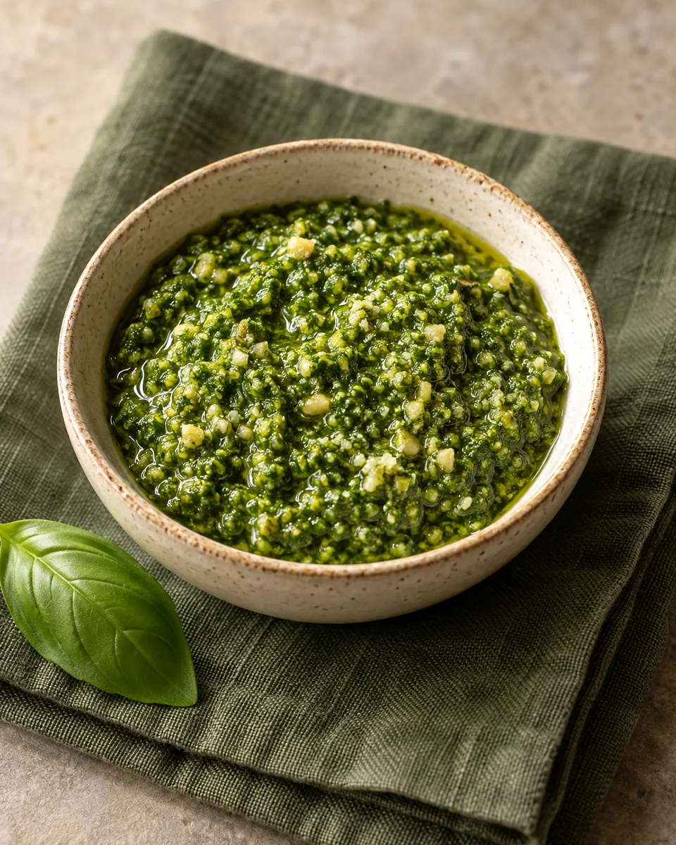 Grünes Basilikumpesto mit leicht stückiger Textur in einer kleinen Schale