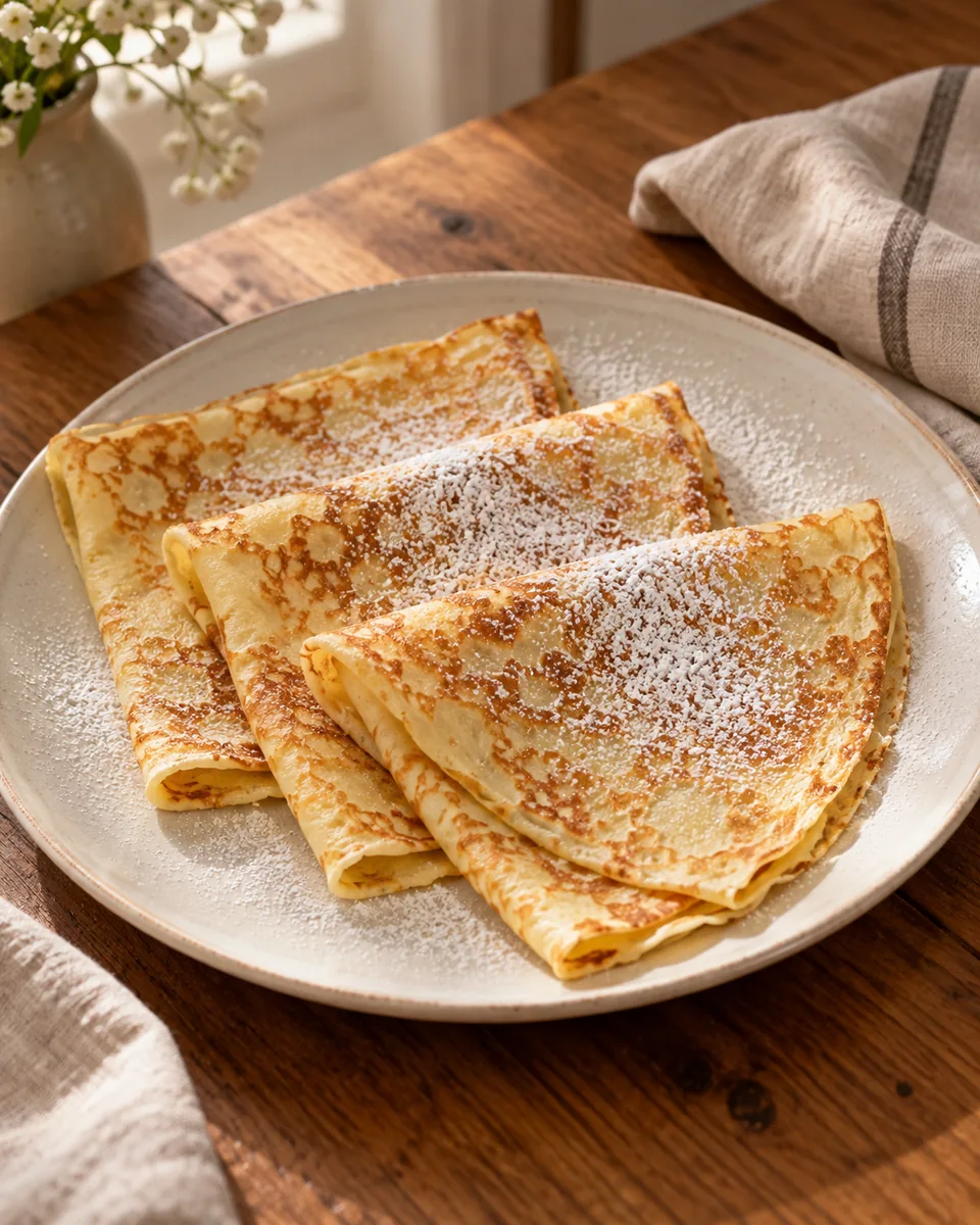 Dünne goldene Pfannkuchen, locker zu Vierteln gefaltet auf einem hellen Teller