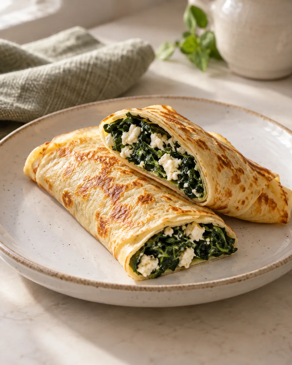 Herzhafte Pfannkuchen mit Spinat und Feta – appetitlich angerichtete Rezeptillustration