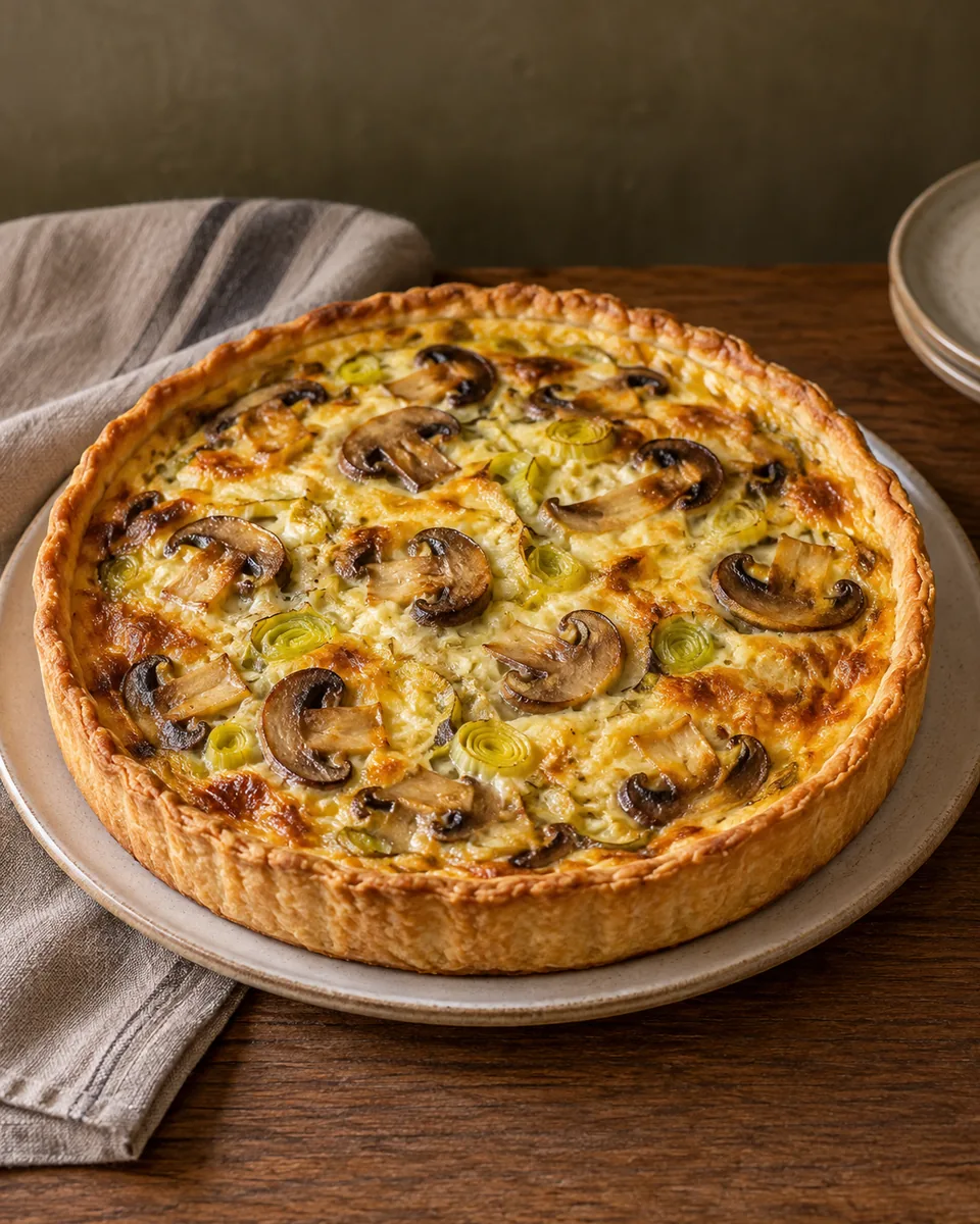 Goldene Quiche mit sichtbaren Champignonscheiben, Porreeringen und einem gebackenen Eierguss