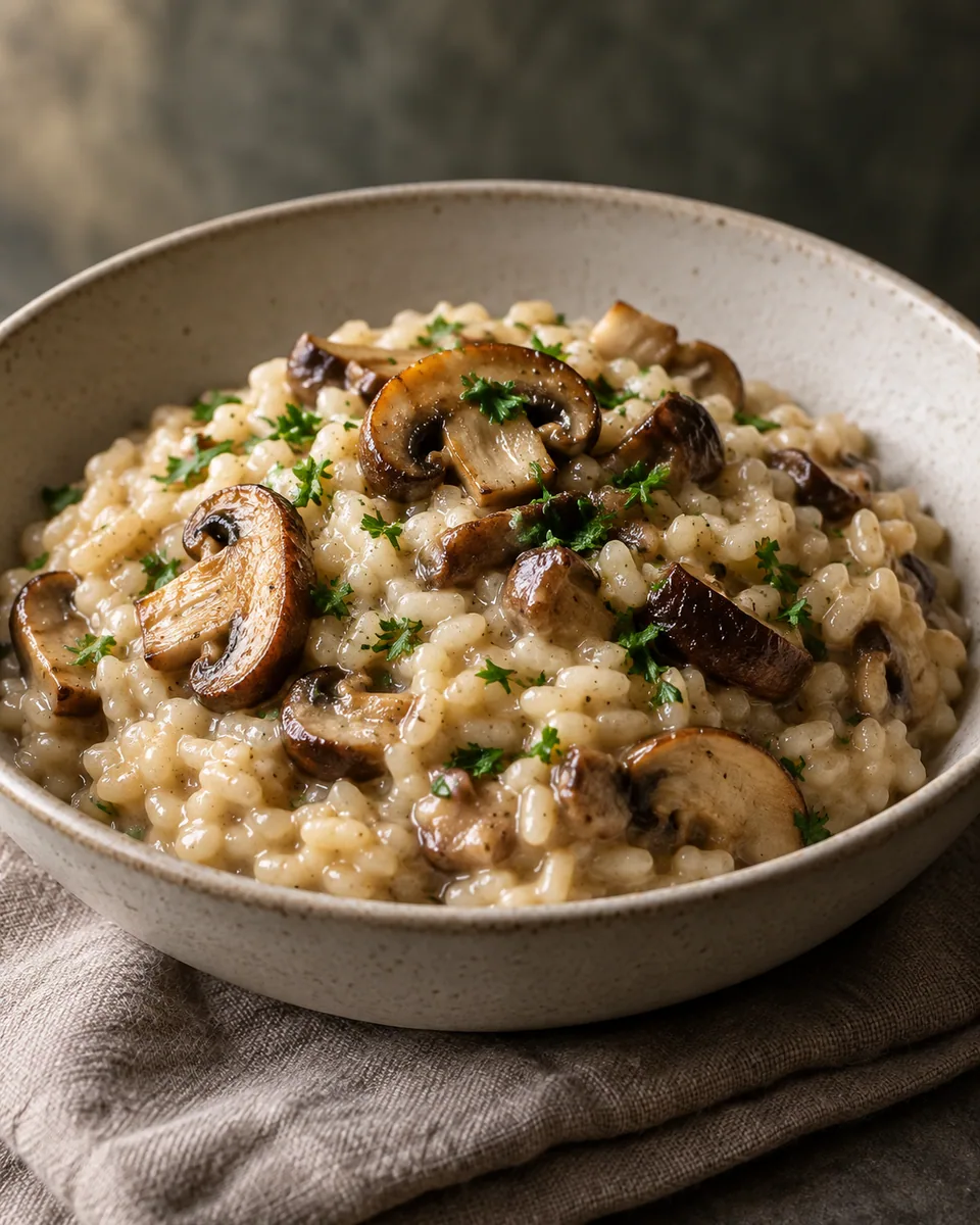 Cremiges helles Pilzrisotto mit gebräunten Champignons und Petersilie