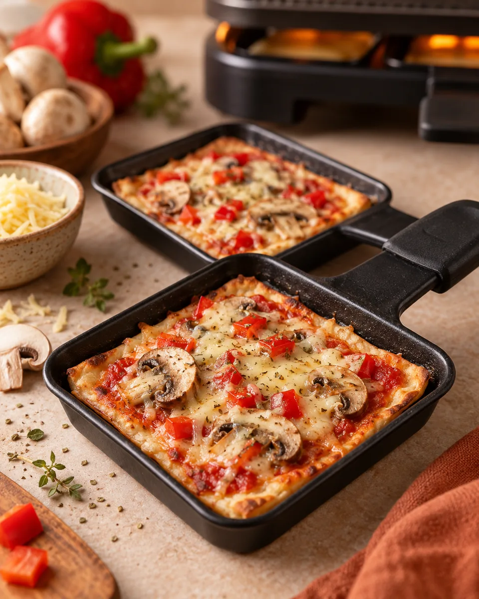 Kleine Pizza im Raclettepfännchen mit festem dünnem Boden, Tomatensauce, Gouda, roter Paprika und Champignons