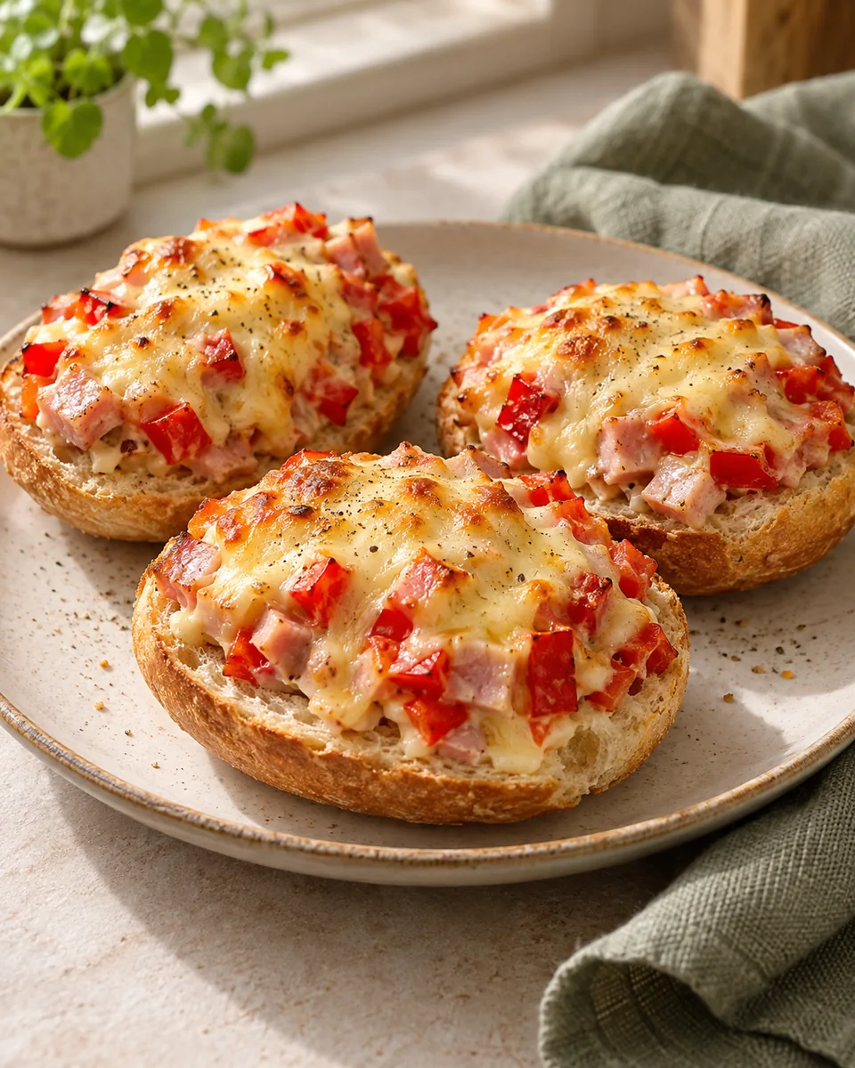 Überbackene Pizzabrötchen-Hälften – appetitlich angerichtete Rezeptillustration