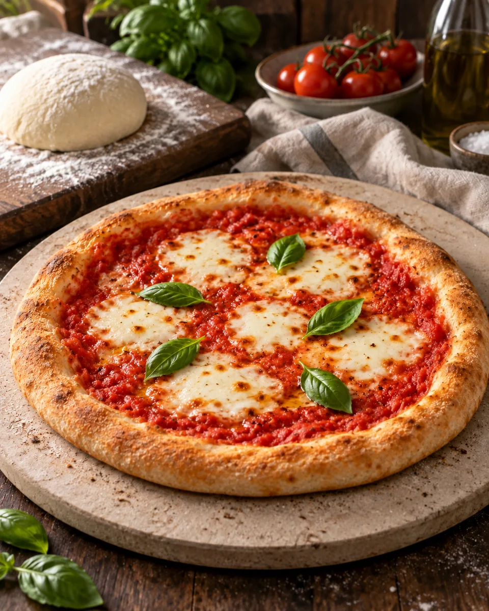 Selbst gebackene Pizza Margherita mit goldbraunem Rand, Tomaten, Mozzarella und Basilikum