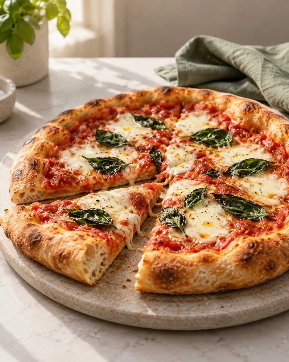 Pizzateig über Nacht mit wenig Hefe – appetitlich angerichtete Rezeptillustration