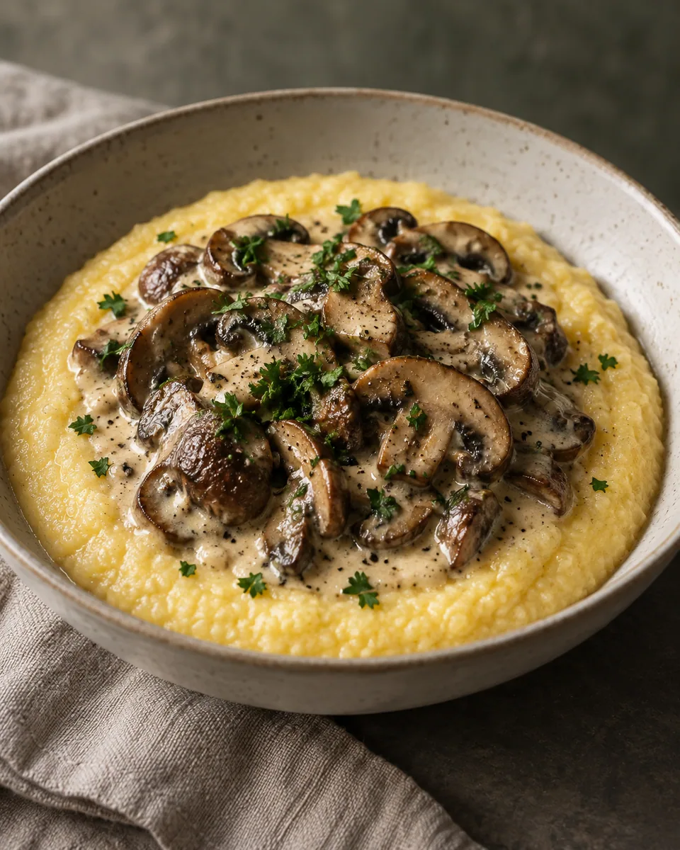 Cremige gelbe Polenta mit gebräunten Champignons in wenig Rahmsauce und Petersilie