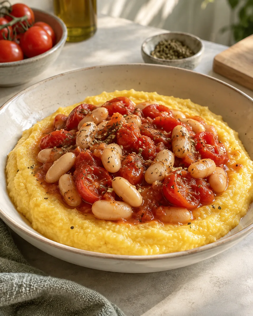 Cremige Polenta mit Tomaten und weißen Bohnen – KI-generierte Rezeptillustration