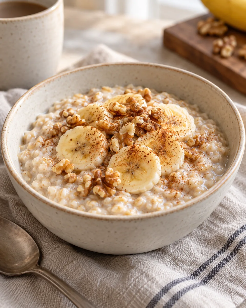 Cremiges Porridge mit Banane und Zimt, passend zu den beschriebenen Zutaten angerichtet. KI-generierte Rezeptillustration.