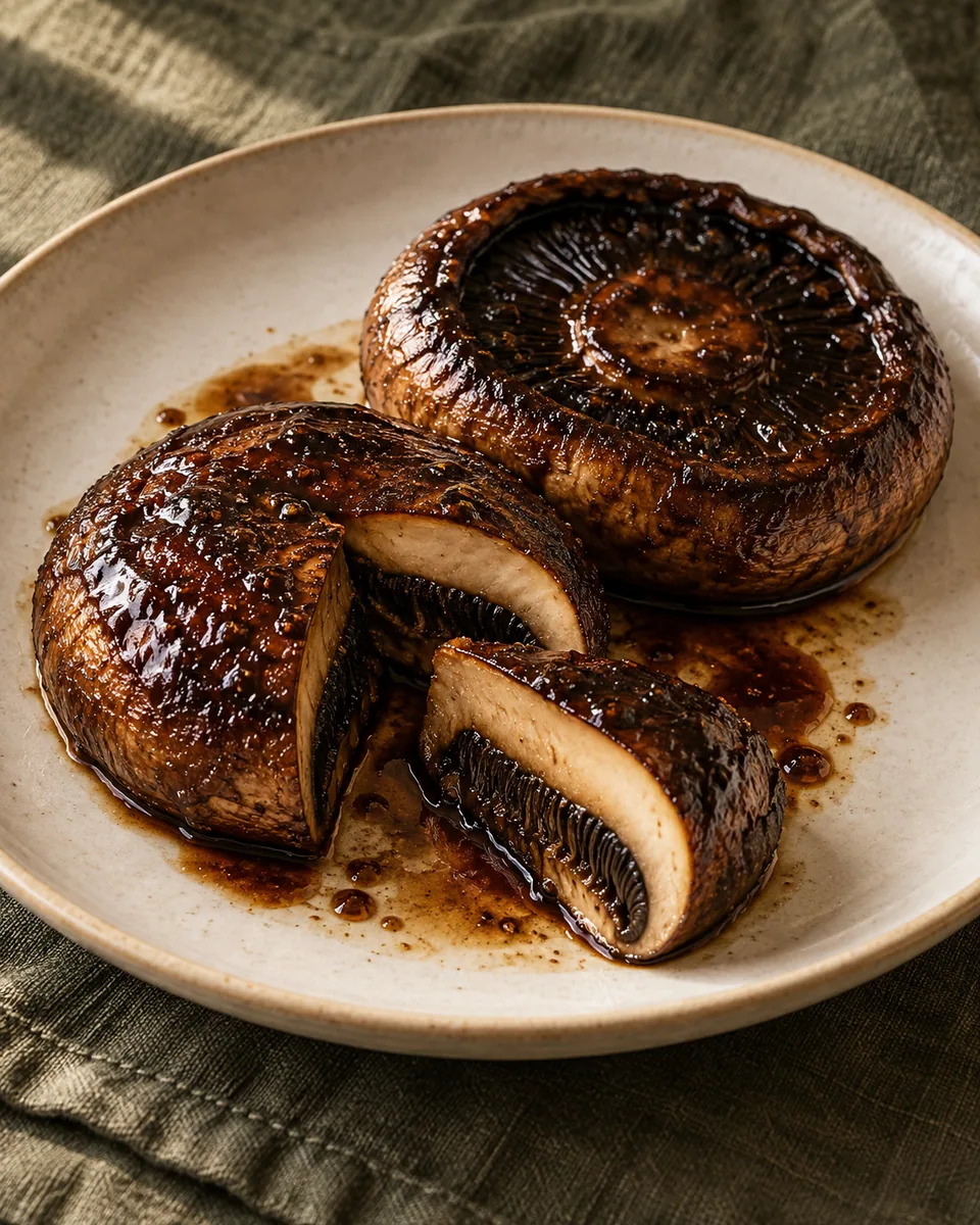 Dunkel gebräunte Portobello-Pilze mit glänzender Balsamico-Sauce