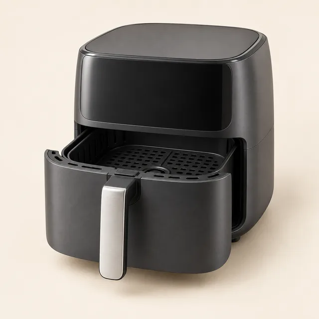 Eigene Illustration: Dunkelgrauer Airfryer mit einem breiten, leicht geöffneten Korb