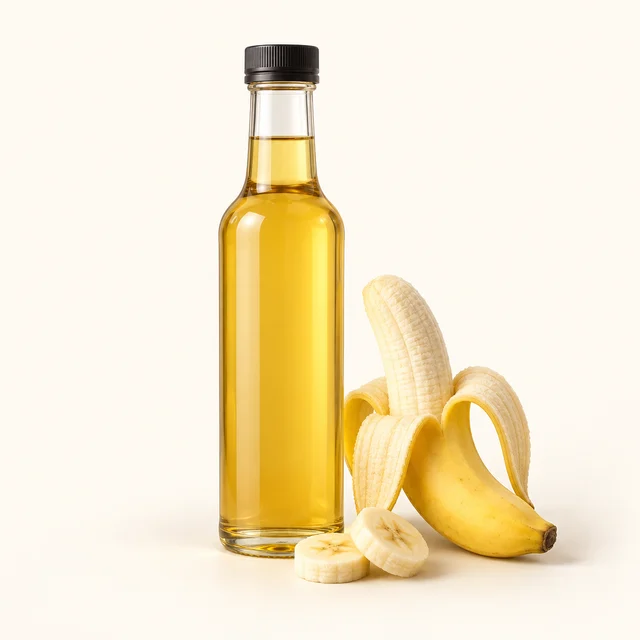 Eigene Illustration: Neutrale Flasche mit hellem Bananensirup und Bananenstücken