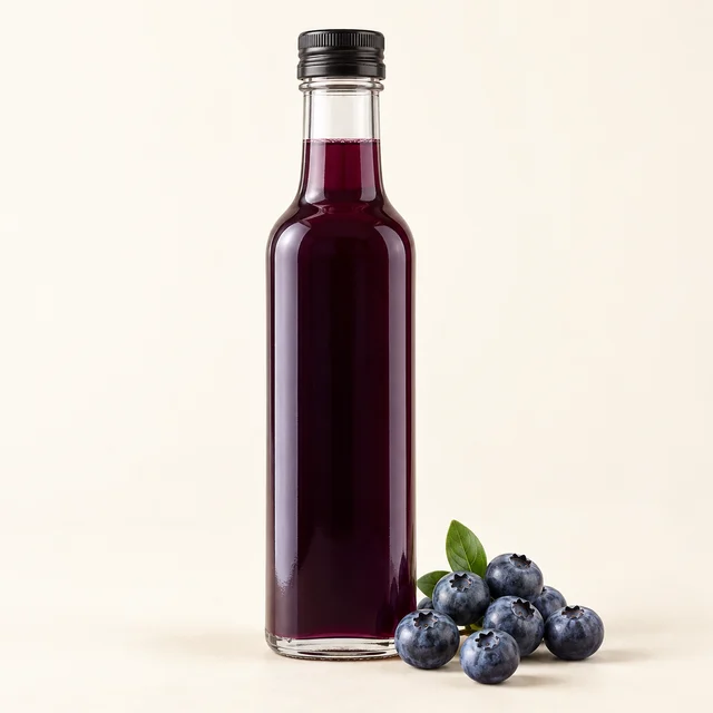 Eigene Illustration: Neutrale Flasche mit violettem Heidelbeersirup und Blaubeeren
