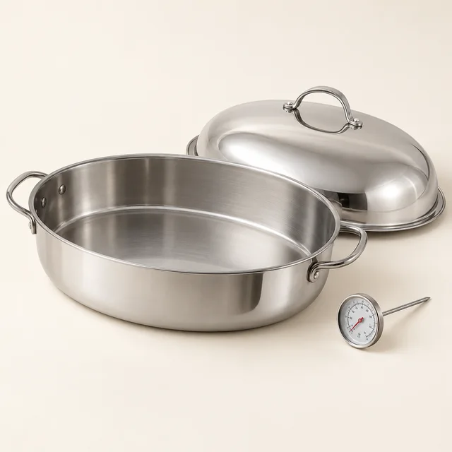 Eigene Illustration: WMF Extrabräter mit Metalldeckel und Bratenthermometer, 8,5 l