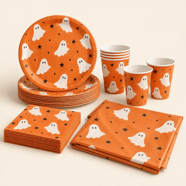 Eigene Illustration: Orange Pappteller, Pappbecher, Servietten und gefaltete Tischdecke mit weißen Geistern
