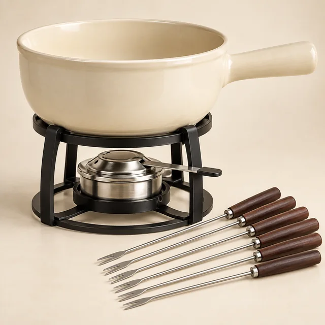 Eigene Illustration: Dunkles Käsefondue-Set auf einem Gestell mit Brenner und Fonduegabeln