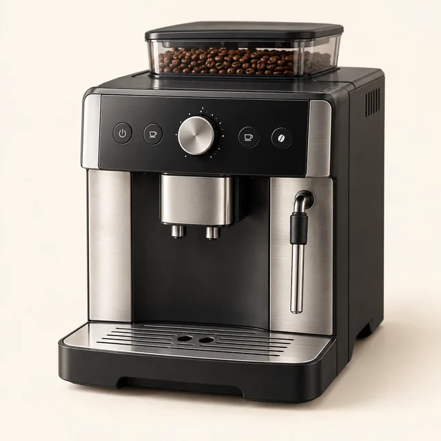 Eigene Illustration: Kompakter schwarzer Kaffeevollautomat mit silberner Front, Doppelauslauf und Dampfdüse