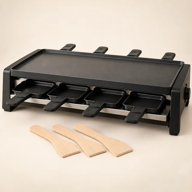 Eigene Illustration: Tisch-Raclettegrill mit Steinplatte, Grillfläche und kleinen Pfännchen