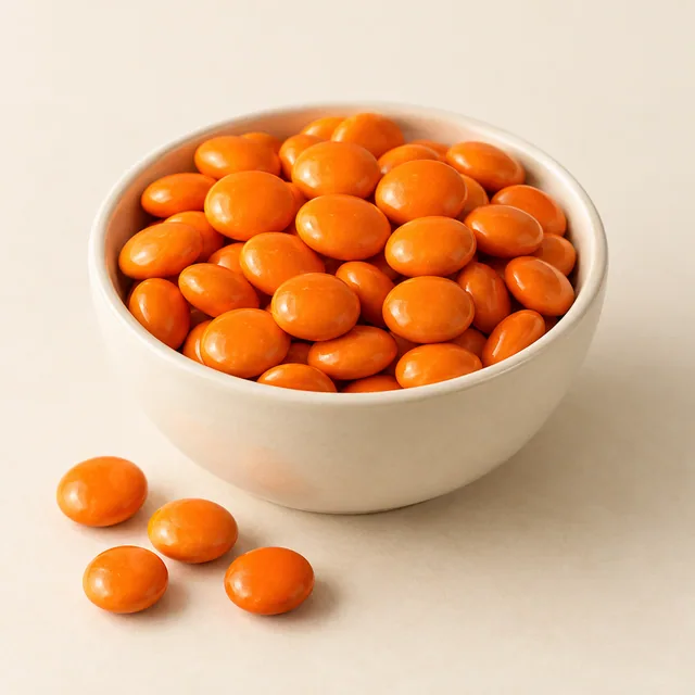 Eigene Illustration: Orangefarbene Schokolinsen ohne Aufdruck in einer unmarkierten Schale