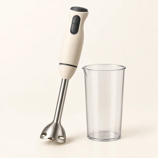 Eigene Illustration: Stabmixer mit Edelstahl-Mixfuß und hohem Mixbecher