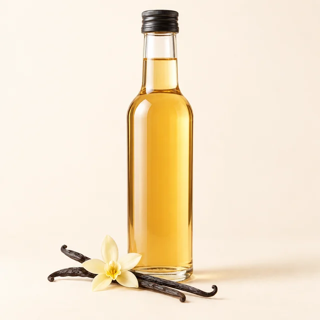 Eigene Illustration: Neutrale Flasche mit hellem Vanillesirup und Vanilleschoten