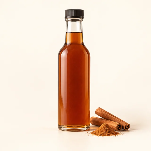 Eigene Illustration: Neutrale Flasche mit Zimtsirup und Zimtstangen