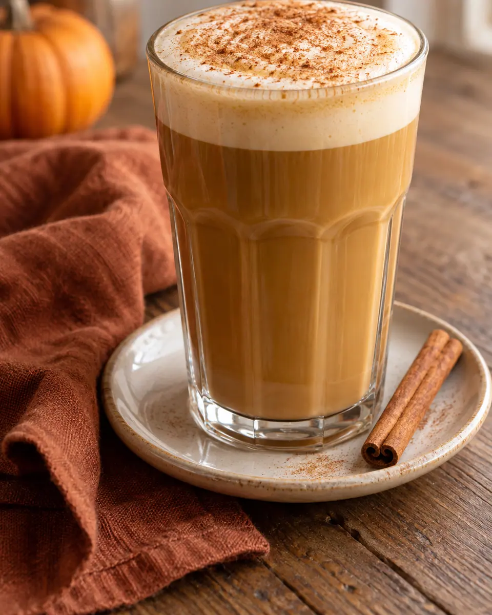 Zwei Tassen hellbrauner Pumpkin Spice Latte mit feinem Milchschaum und etwas Zimt