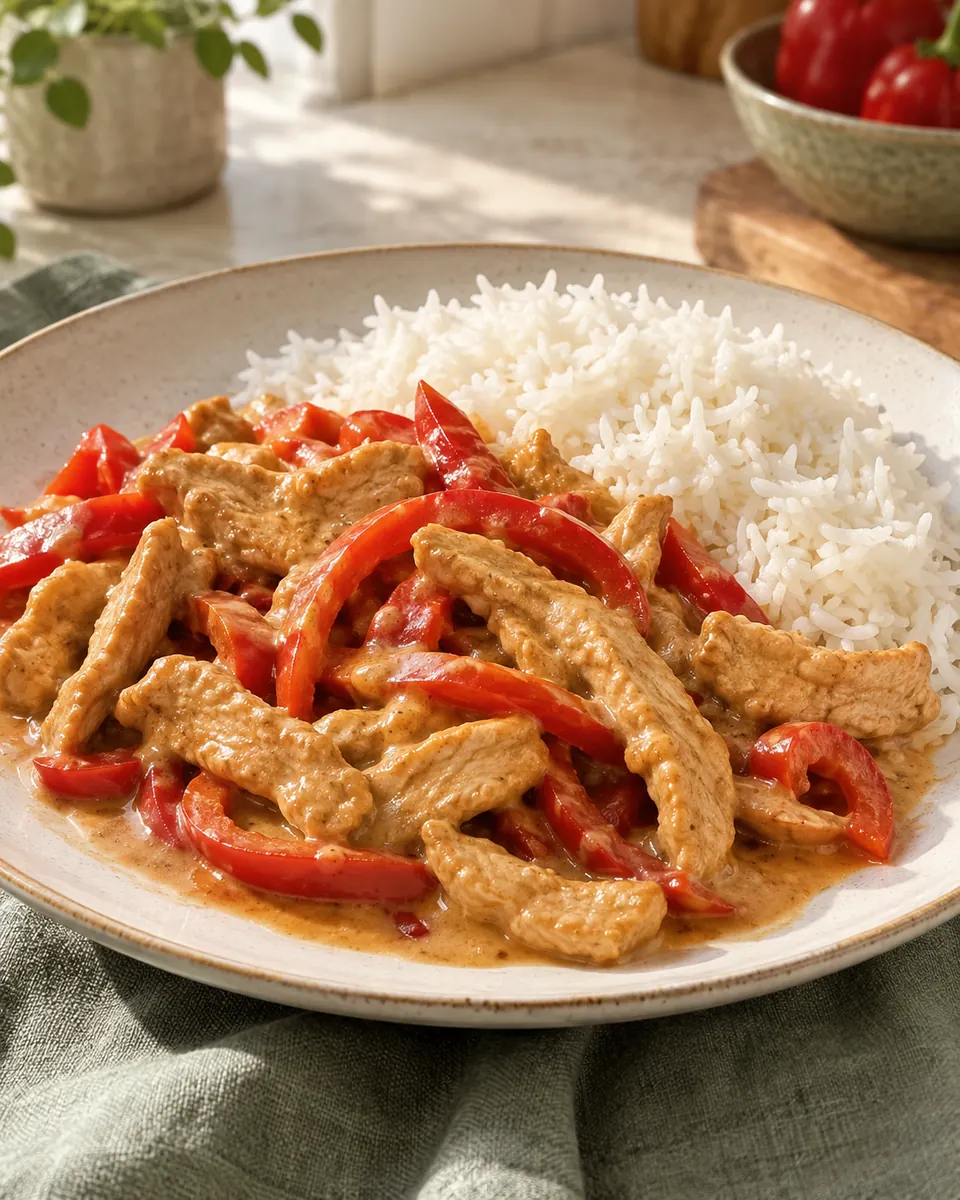Putenstreifen in Erdnusssauce mit Reis – KI-generierte Rezeptillustration