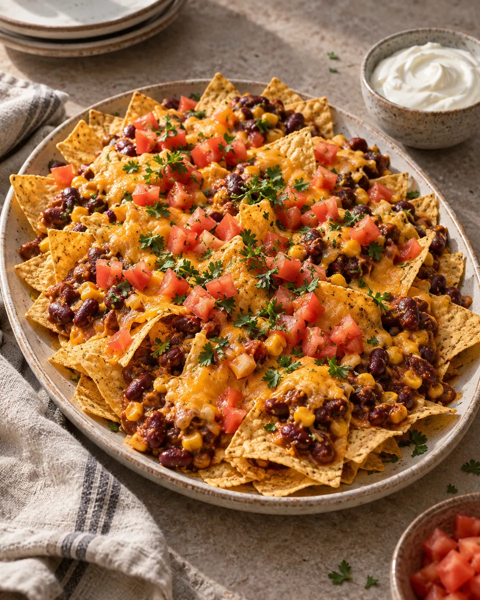 Überbackene Maisnachos mit Bohnen, Mais, Käse und frischen Tomatenwürfeln