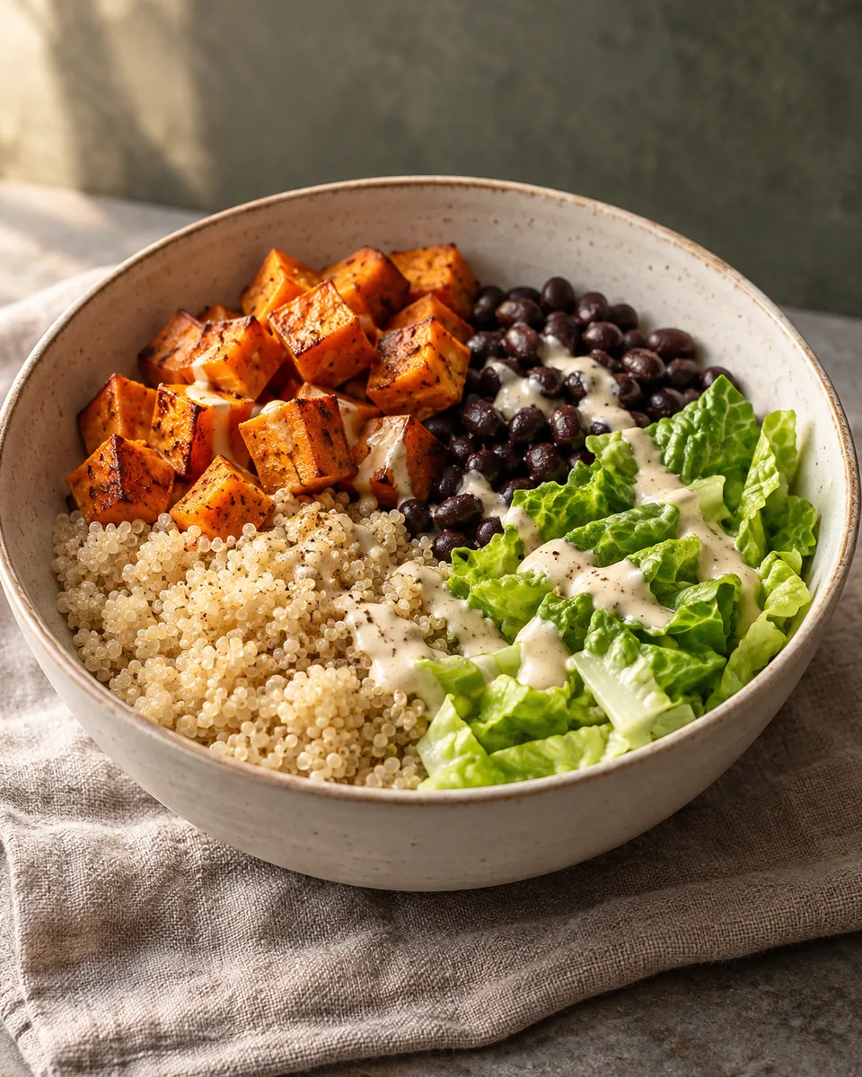 Quinoa-Bowl mit Süßkartoffelwürfeln, schwarzen Bohnen, Römersalat und hellem Tahindressing