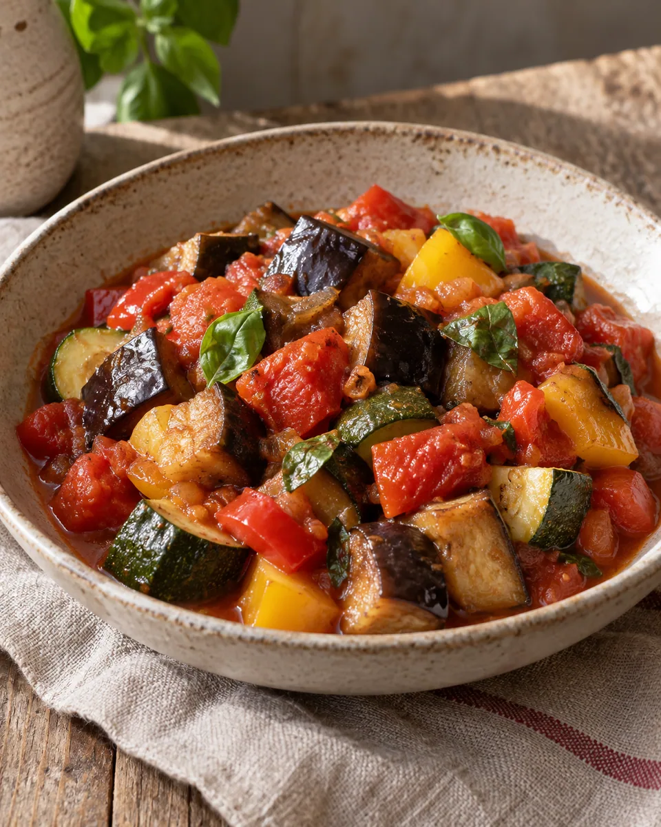 Ratatouille mit stückiger Aubergine, Zucchini, Paprika, Tomaten und Basilikum