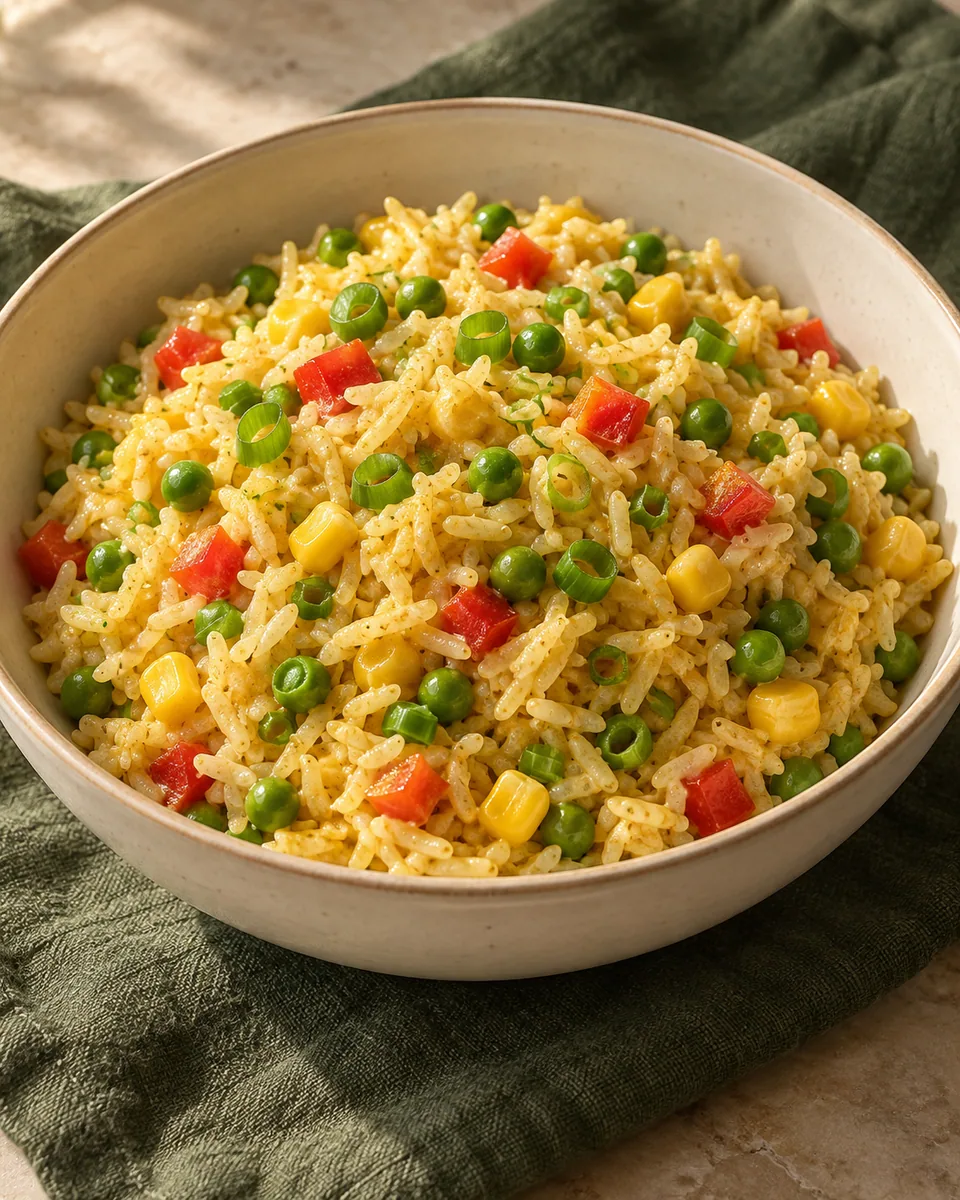 Gelber Curry-Reissalat mit Erbsen, Mais und roter Paprika