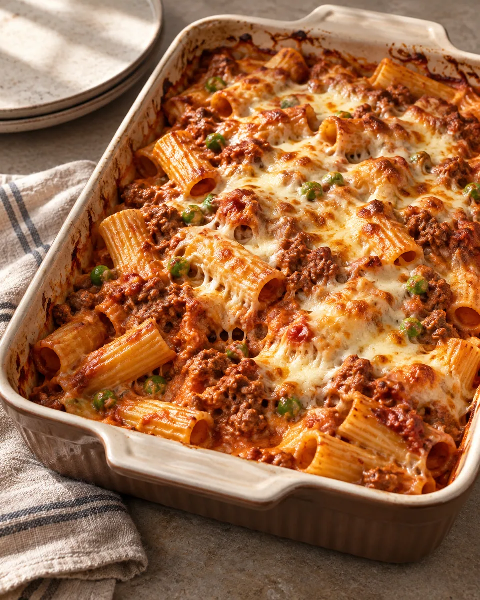 Überbackene Rigatoni mit Hackfleisch, Erbsen und Mozzarella