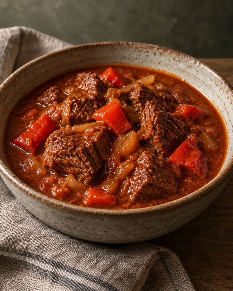 Zartes Rindergulasch mit roten Paprikastücken und sämiger dunkelroter Sauce