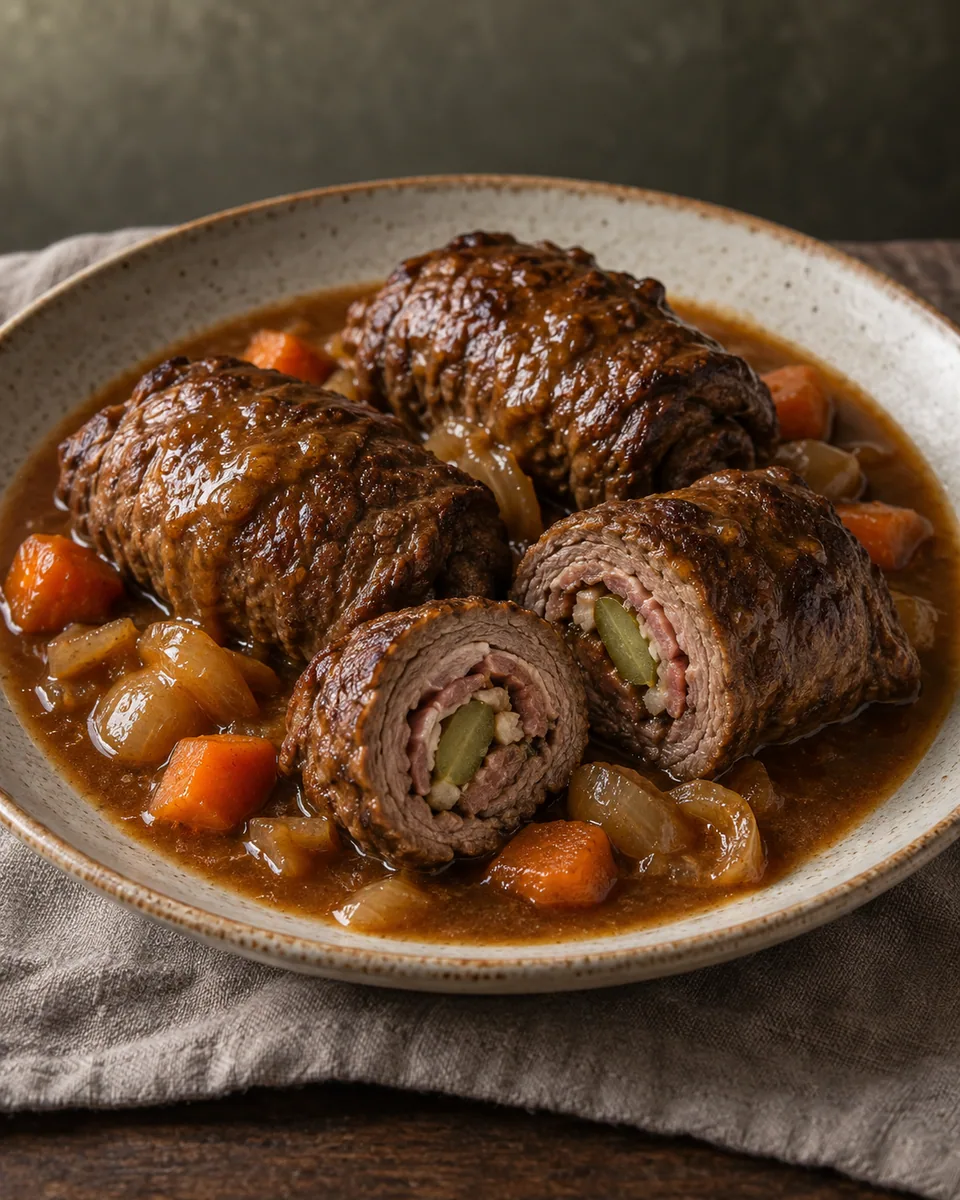 Braune Rinderrouladen, eine aufgeschnitten mit Gurke und Speck, in dunkler Gemüsesauce