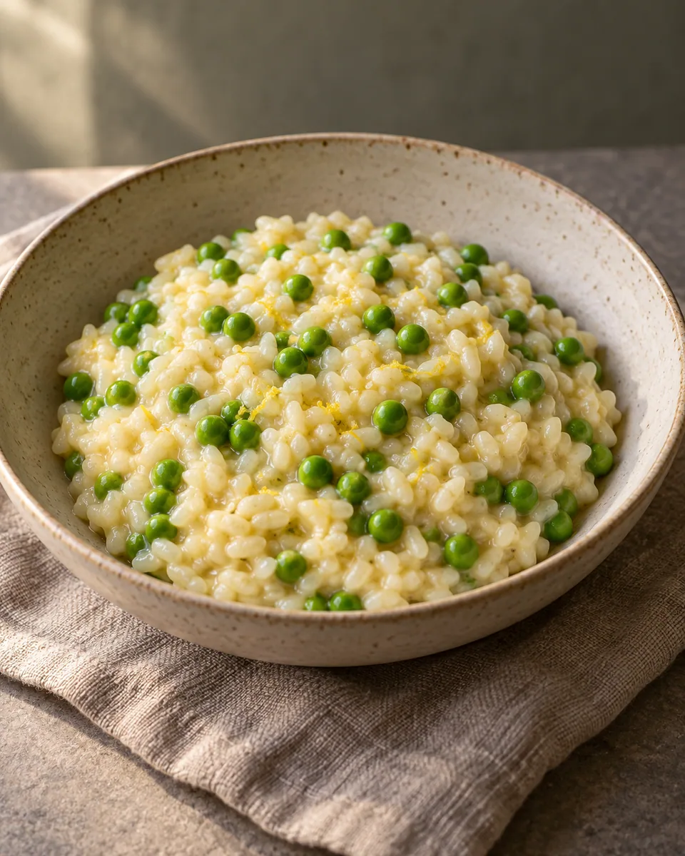 Helles cremiges Risotto mit grünen Erbsen und feinen gelben Zitronenschalenstückchen