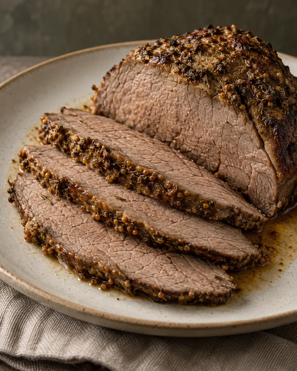 Dünne vollständig gegarte Roastbeefscheiben mit Senf-Kräuterrand und Fleischsaft