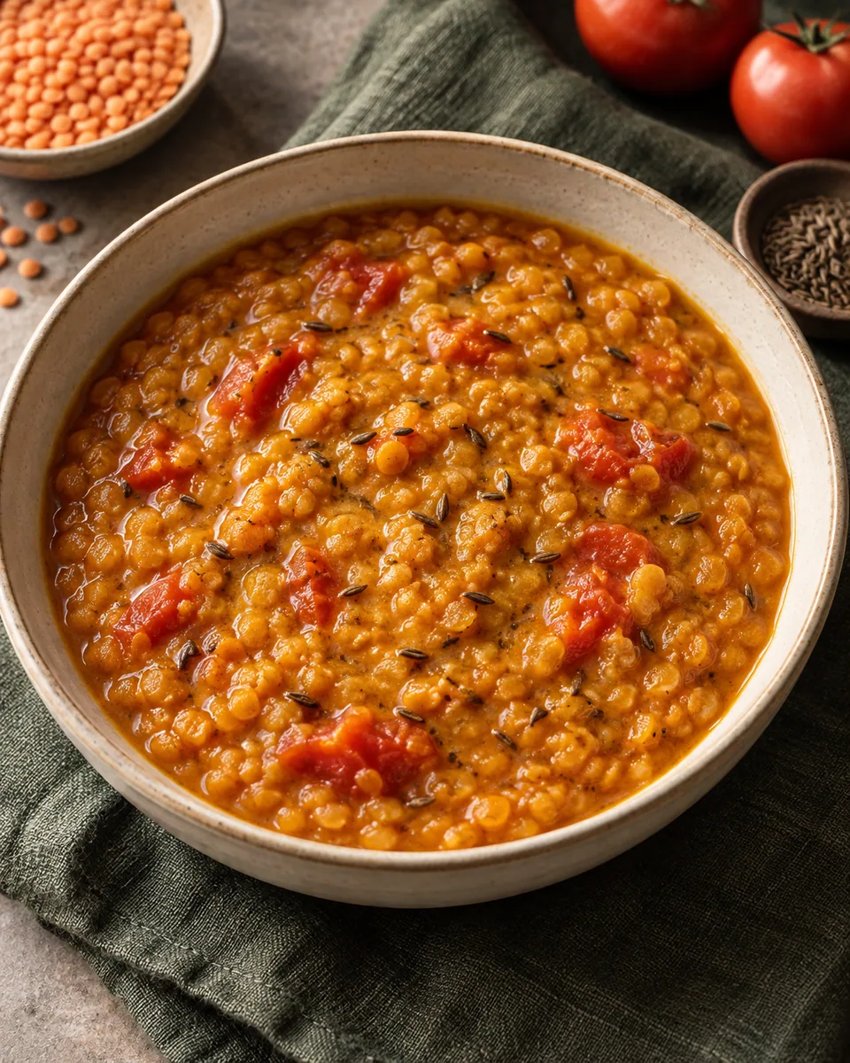 Cremiges rotes Linsen-Dal mit sichtbaren gerösteten Kreuzkümmelsamen
