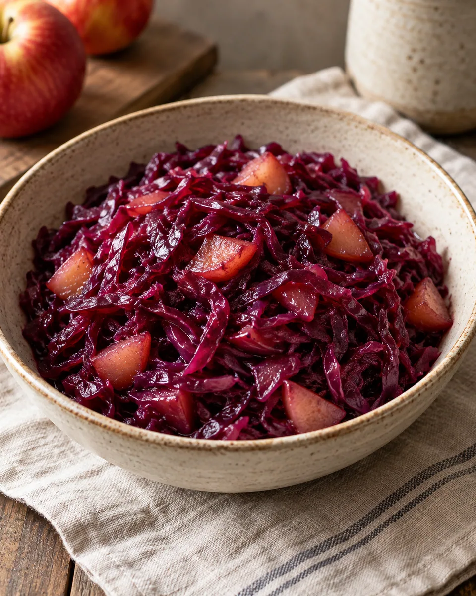 Geschmorter violetter Apfelrotkohl mit feinen Kohlstreifen