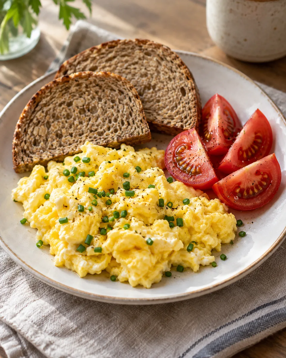 Rührei mit Schnittlauch und Vollkornbrot, passend zu den beschriebenen Zutaten angerichtet. KI-generierte Rezeptillustration.
