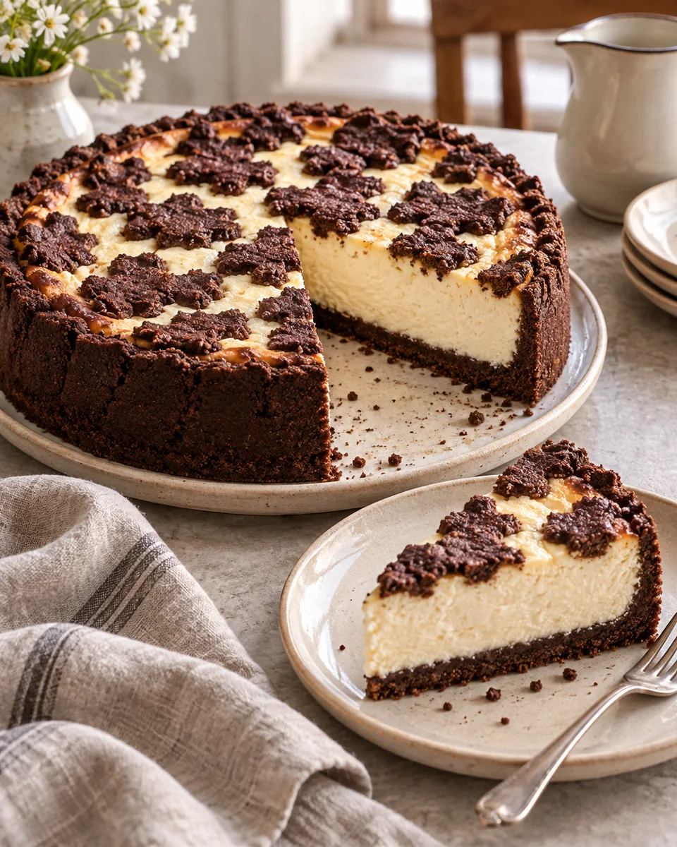 Russischer Zupfkuchen mit Quarkfüllung, als fertiges Gericht angerichtet. KI-generierte Rezeptillustration.