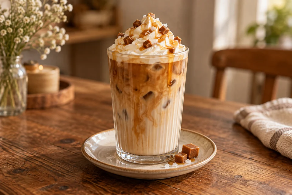 Iced Salted Caramel Latte mit sichtbaren Eiswürfeln, Sahne und feinen Karamelllinien