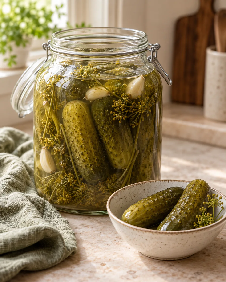 Salzgurken fermentieren in kontrollierter Salzlake – appetitlich angerichtete Rezeptillustration