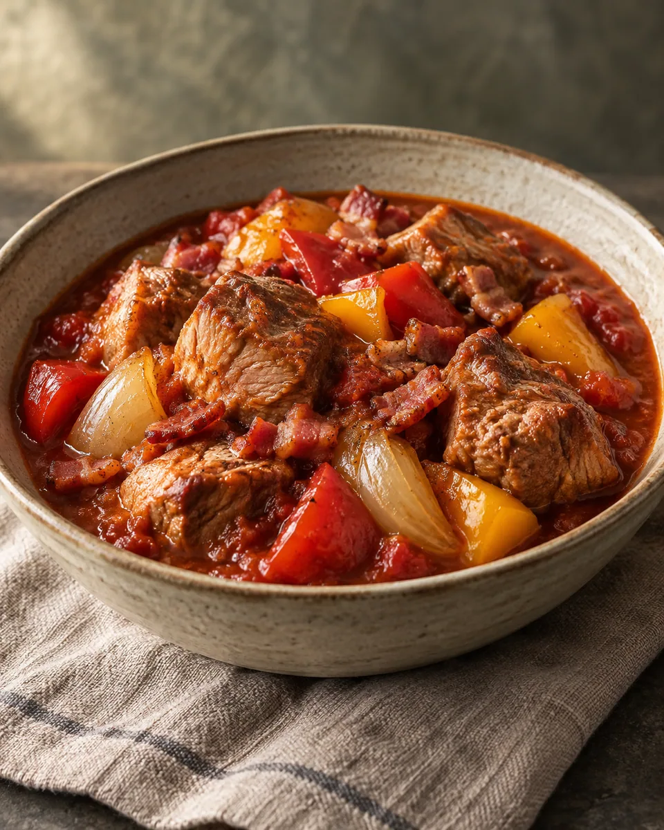 Schaschliktopf mit Schweinewürfeln, roter und gelber Paprika in roter Sauce