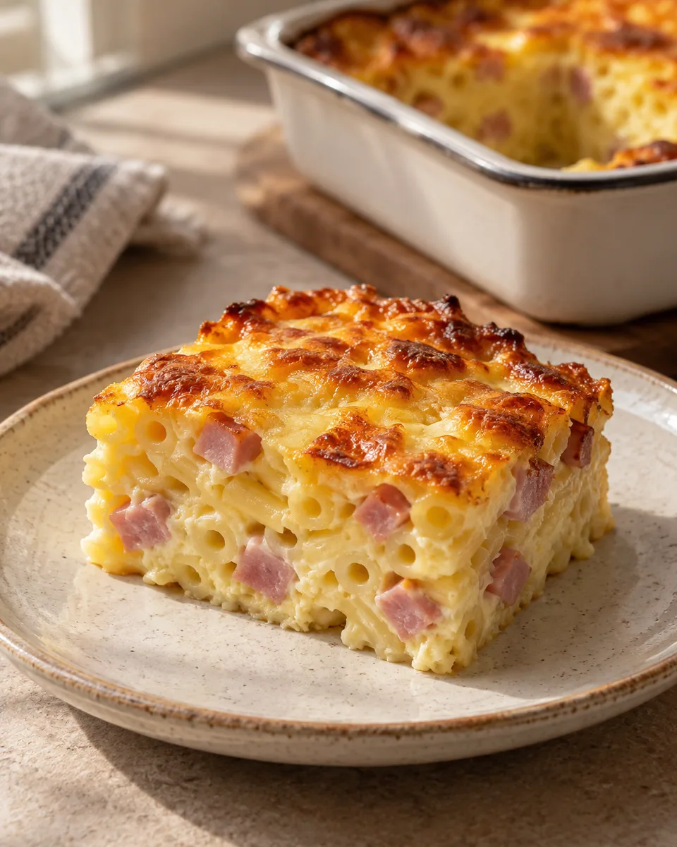 Schnittfester Nudelauflauf mit Schinkenwürfeln und Käsekruste