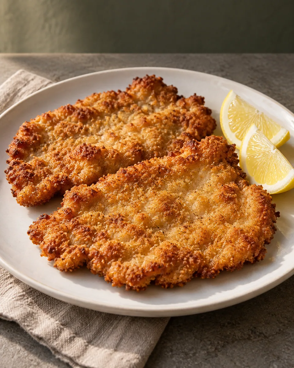 Goldbraune panierte Schweineschnitzel mit Zitronenspalten ohne weitere Beilage