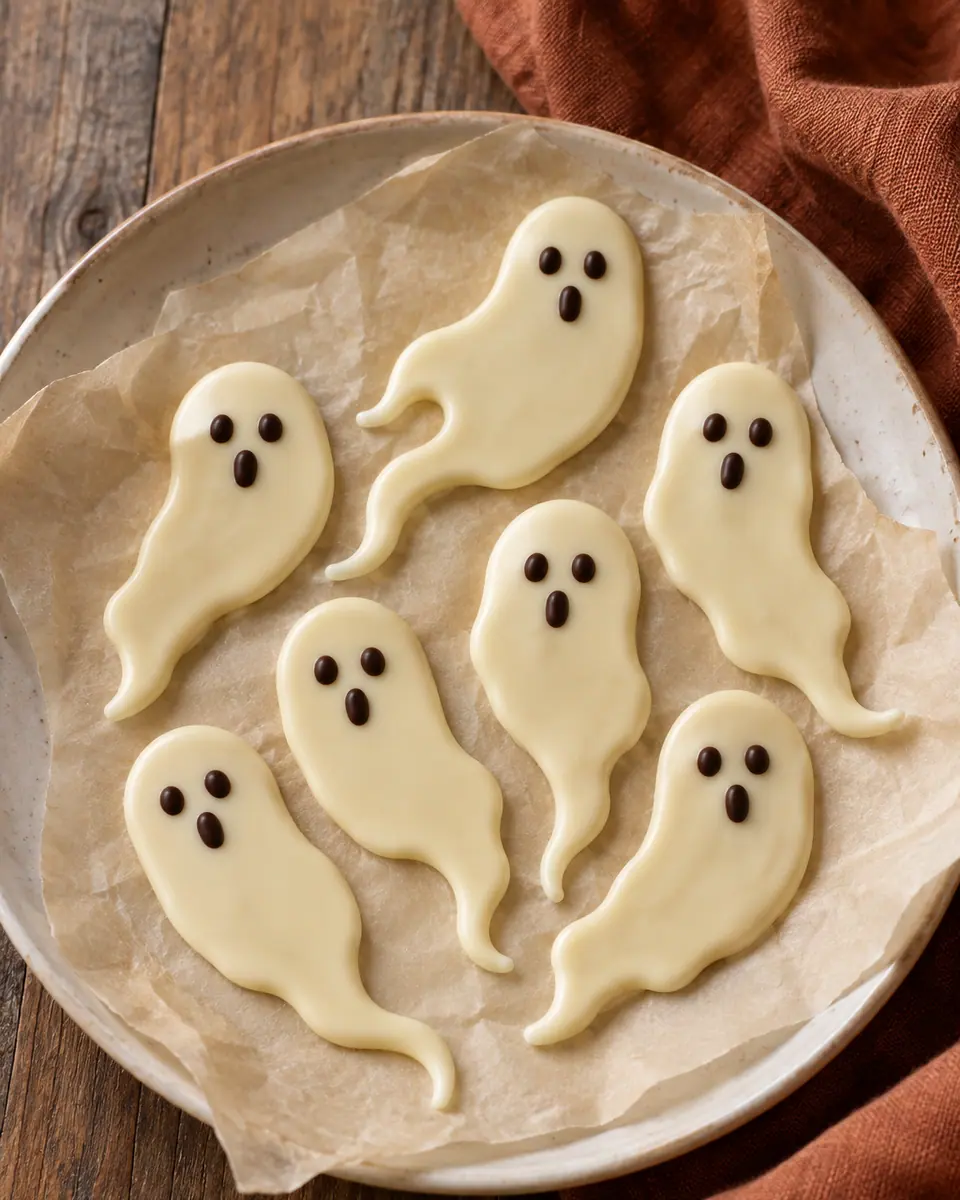 Flache weiße Schokogeister mit rundem Kopf, kleinem Schweif und dunklen Gesichtern